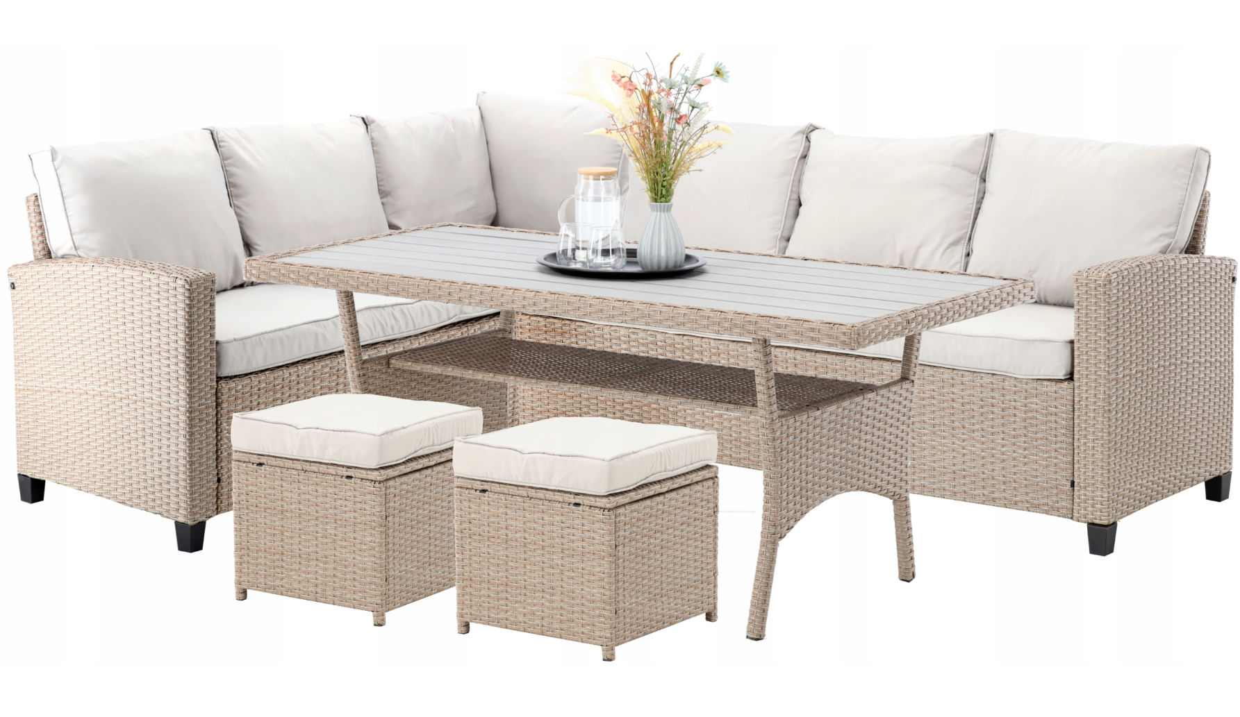 Комплект садовой мебели Garden Line CESME ABI3517 с угловым диваном, 2 пуфами и столом Бежевый (ABI3517)