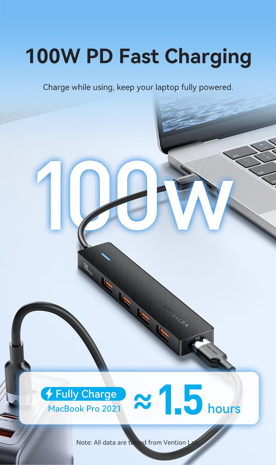 USB-хаб Vention 4xUSB-A 3.2 Gen 2 10 Гбіт/с Зарядка 100 Вт OTG 0.15 м Чорний (CKCBB) - фото 6 USB-хаб Vention 4xUSB-A 3.2 Gen 2 10 Гбіт/с Зарядка 100 Вт OTG 0.15 м Чорний (CKCBB) - фото 6