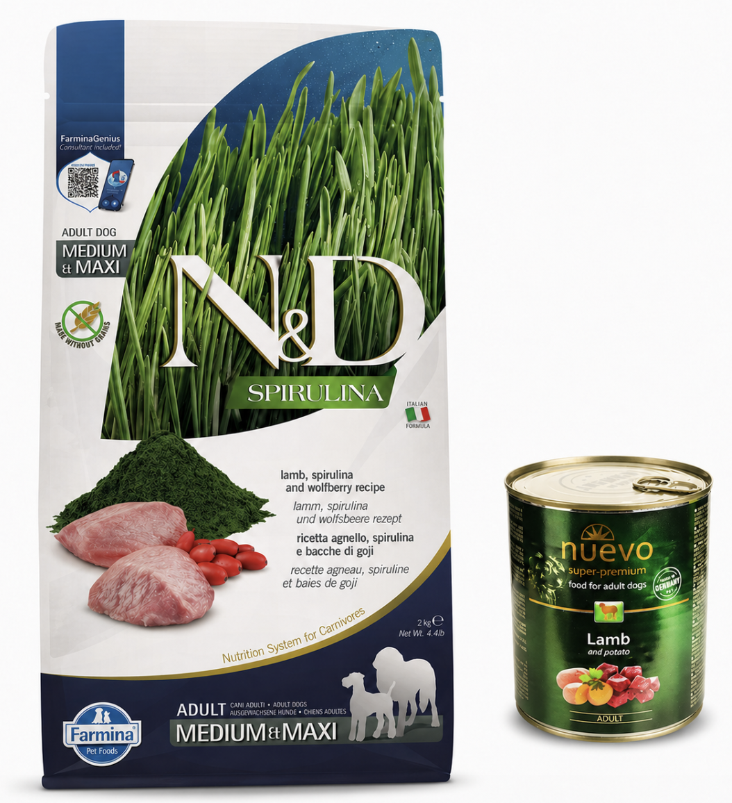 Набор корма для собак средних и больших пород Farmina N&D Spirulina с ягненком спирулиной и годжи 2 кг и консерва Nuevo 1 шт. 400 г
