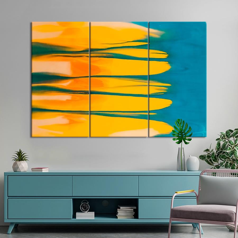 Картина абстракция Жёлтая краска на голубом фоне 128x81 см (A891-3)