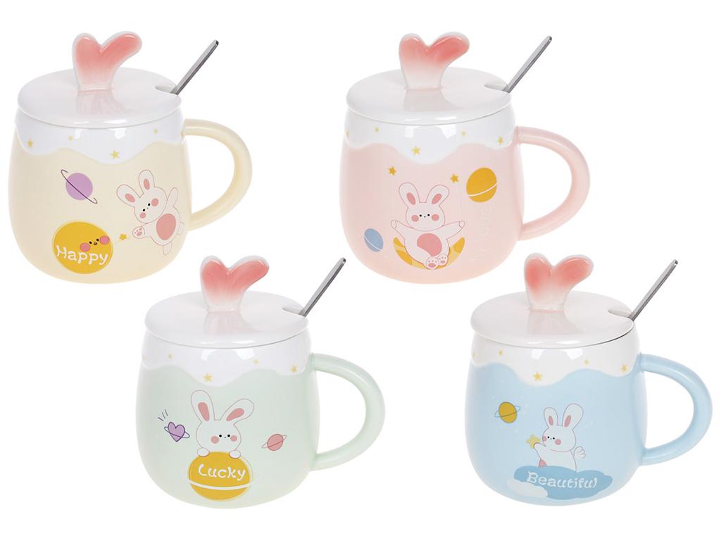 Чашка Funny Rabbits с крышкой и ложкой 430 мл 4 дизайна набор 4 шт. (BDI-927-225)