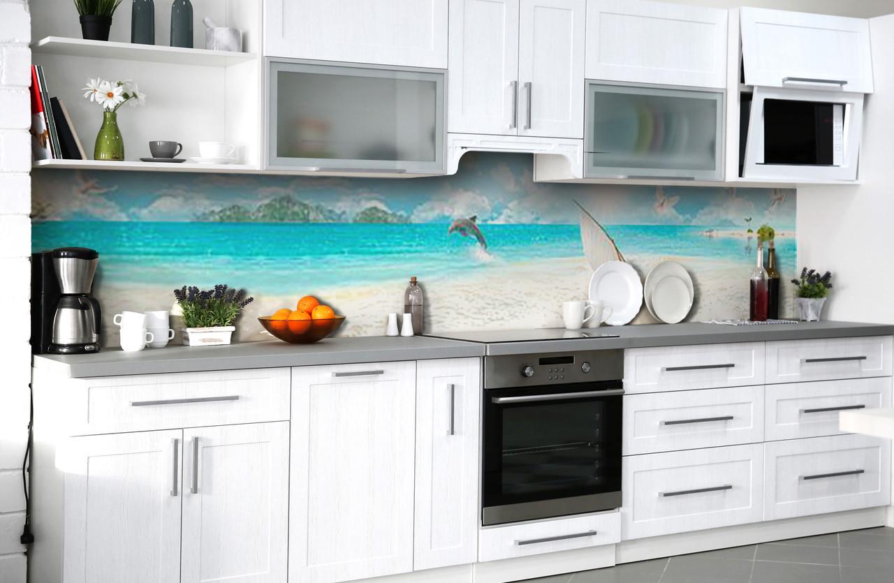 Кухонный фартук Дельфин мальдивы песок пляж из самоклеющейся виниловой пленки 65х250 см Голубой