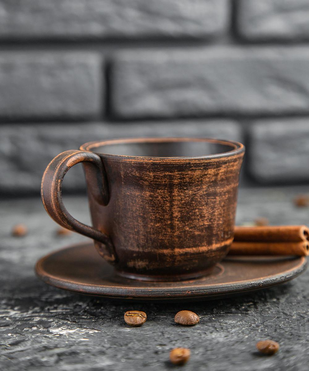 Чашка для кофе с блюдцем из красной глины ручная работа 150 мл (1371-1372)