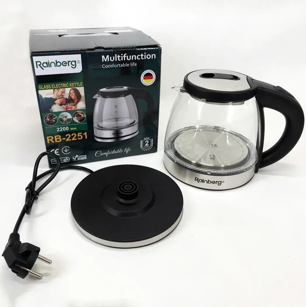 Электрочайник стеклянный Rainberg RB-2251 с LED подсветкой дисковый 1 л 2200W Прозрачный (ML-04435)