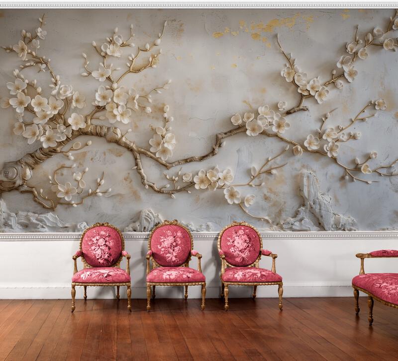 Фотошпалери вінілові з ефектом об'єму Гілка з білими квітами (S2118)