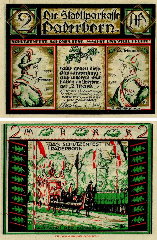 Коллекционная банкнота Германия Нотгельд 2 марки 1921 F-VF Падерборн Разновидность 2 (Б18392)