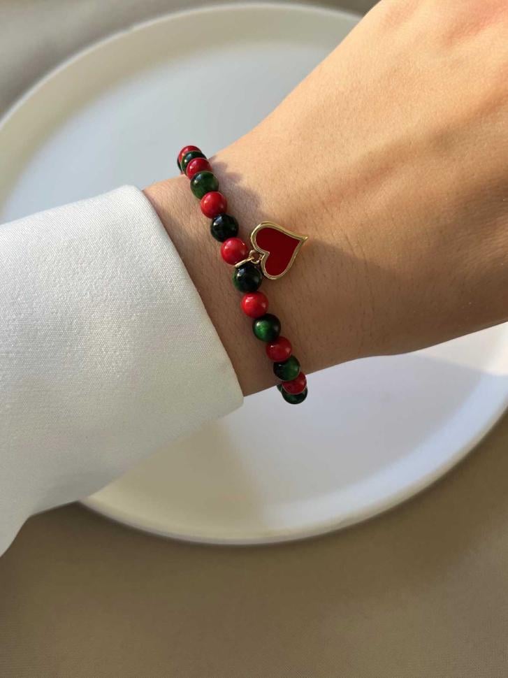 Браслет из натурального камня коралл и кошачий глаз Красно-зеленый (5189)