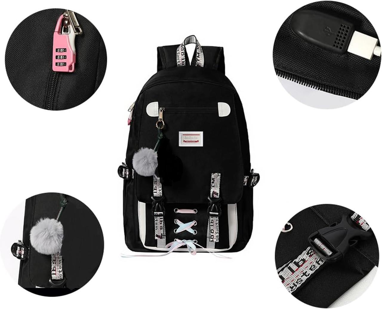 Шкільний рюкзак для дівчаток Harvard з USB портом/замочком і хутряним помпоном Чорний (1226011661) - фото 4 Шкільний рюкзак для дівчаток Harvard з USB портом/замочком і хутряним помпоном Чорний (1226011661) - фото 4