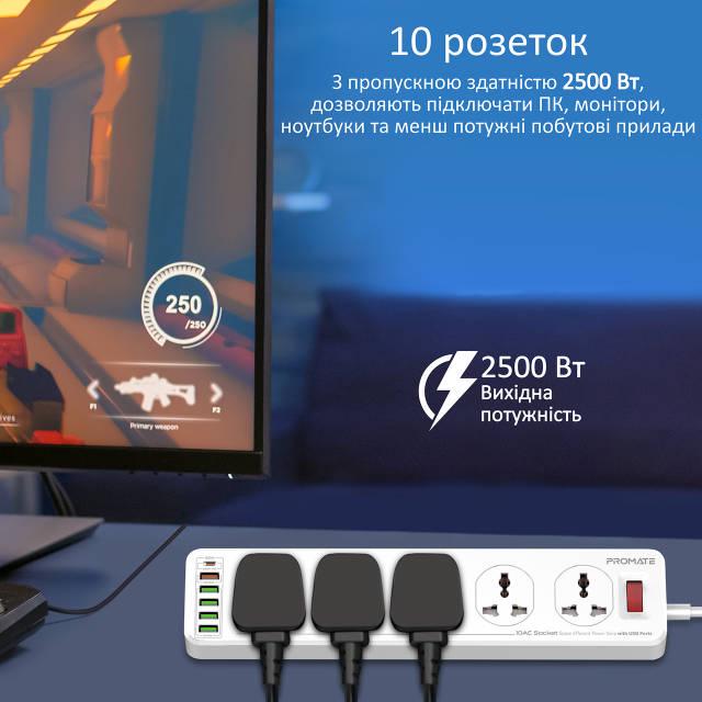 Сетевой фильтр Promate 16-в-1 PowerMatrix-3M 10 розеток 1хUSB-C PD 1хUSB-A QC 3.0 4хUSB-A 3 м White - фото 2