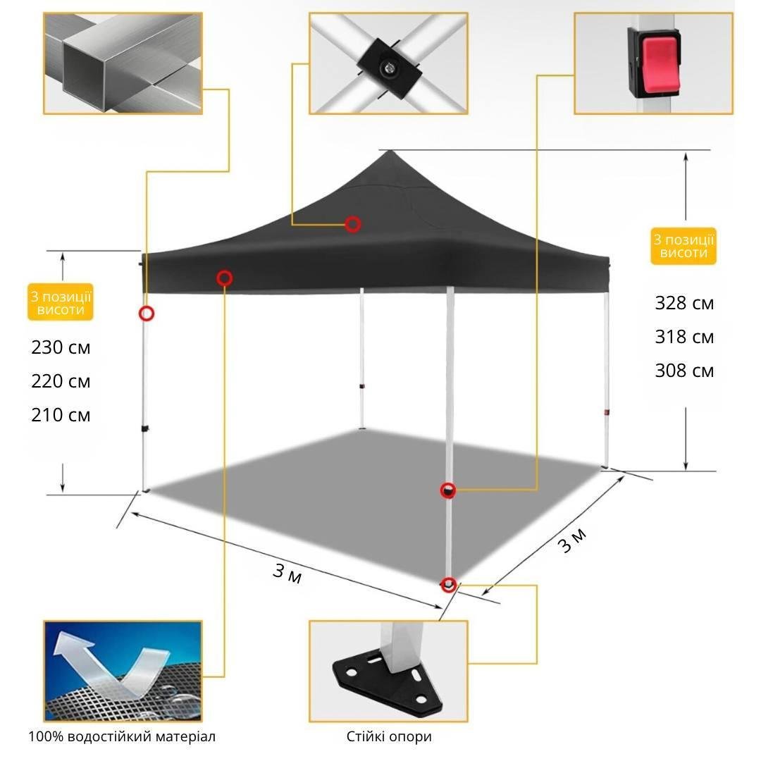 Намет садовий Bodasan 3x3 м Чорний (TENT-01) - фото 3