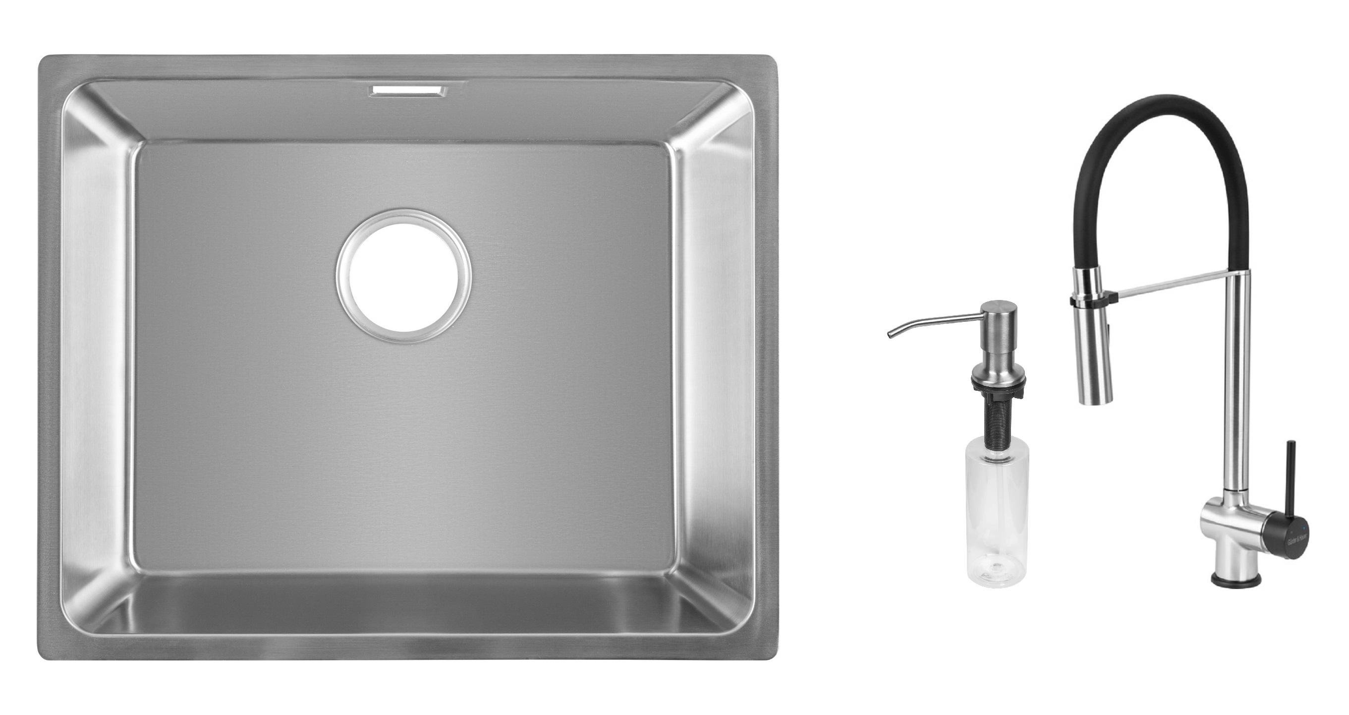 Комплект из кухонной мойки Gunter&Hauer Gera 5420 IX кухонного смесителя Gunter&Hauer EDEL Brush Black и дозатора Gunter&Hauer SOAP DISPENSER Inox