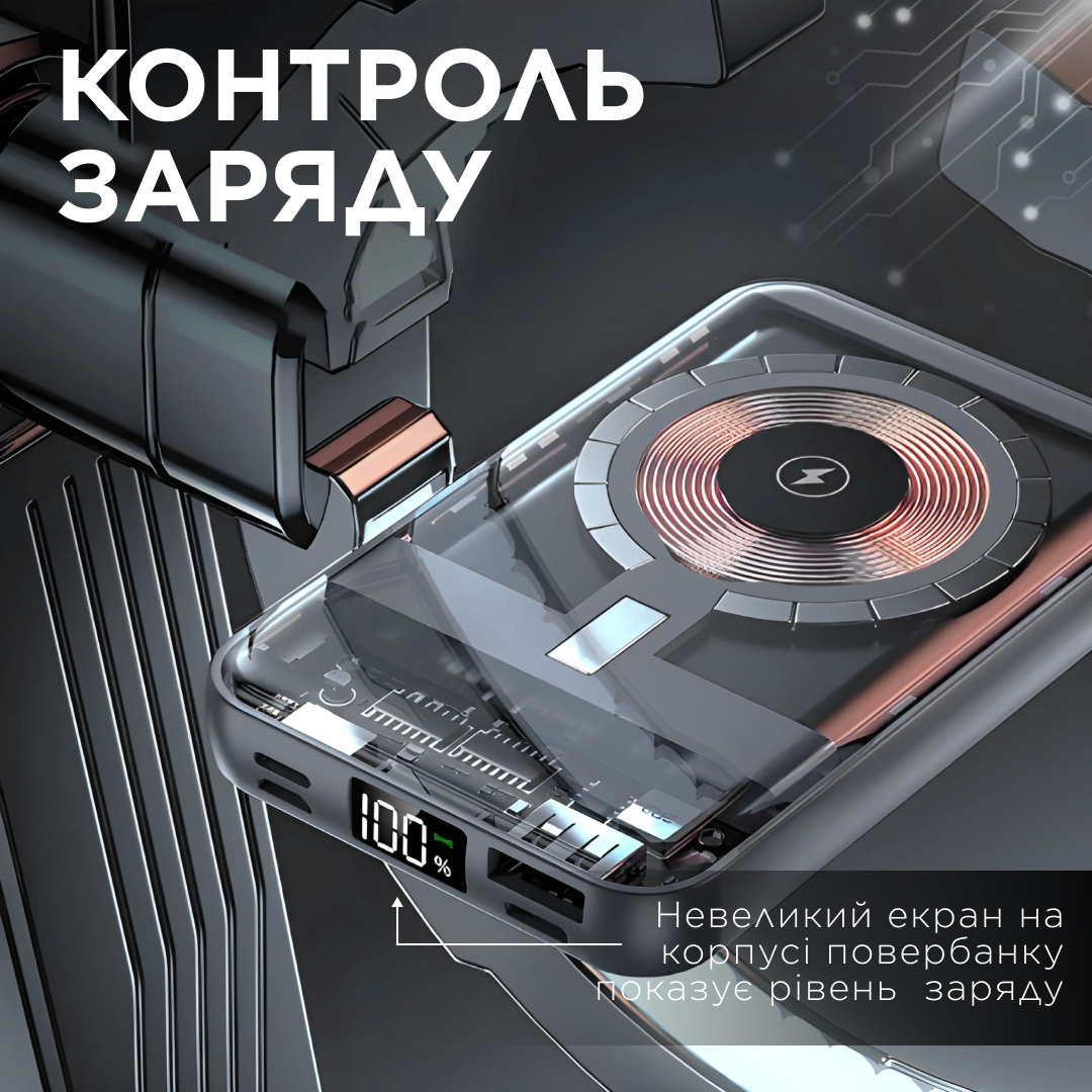 Повербанк с магнитной беспроводной зарядкой MAGSAFE Li-Pol 10000 mAh 3 кабеля Lightning USB-C USB-A Черный (X104) - фото 9