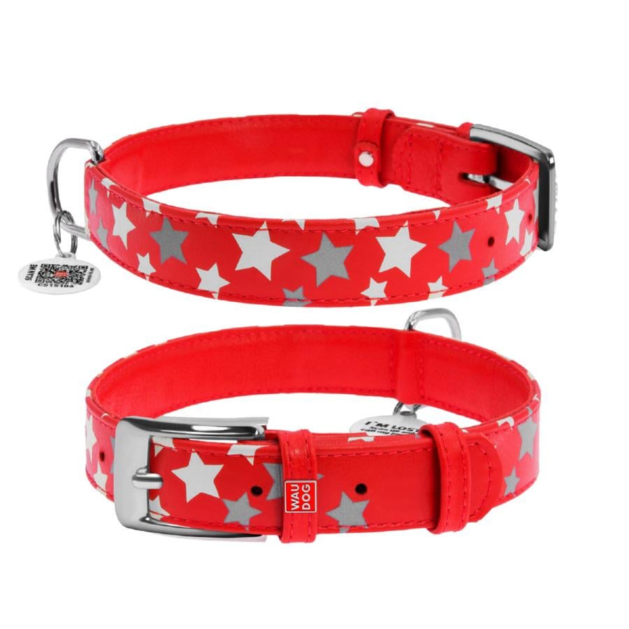 Нашийник для собак шкіряний Waudog Glamour Зірочка з QR паспортом світловідбивний S 20 мм 30-39 см