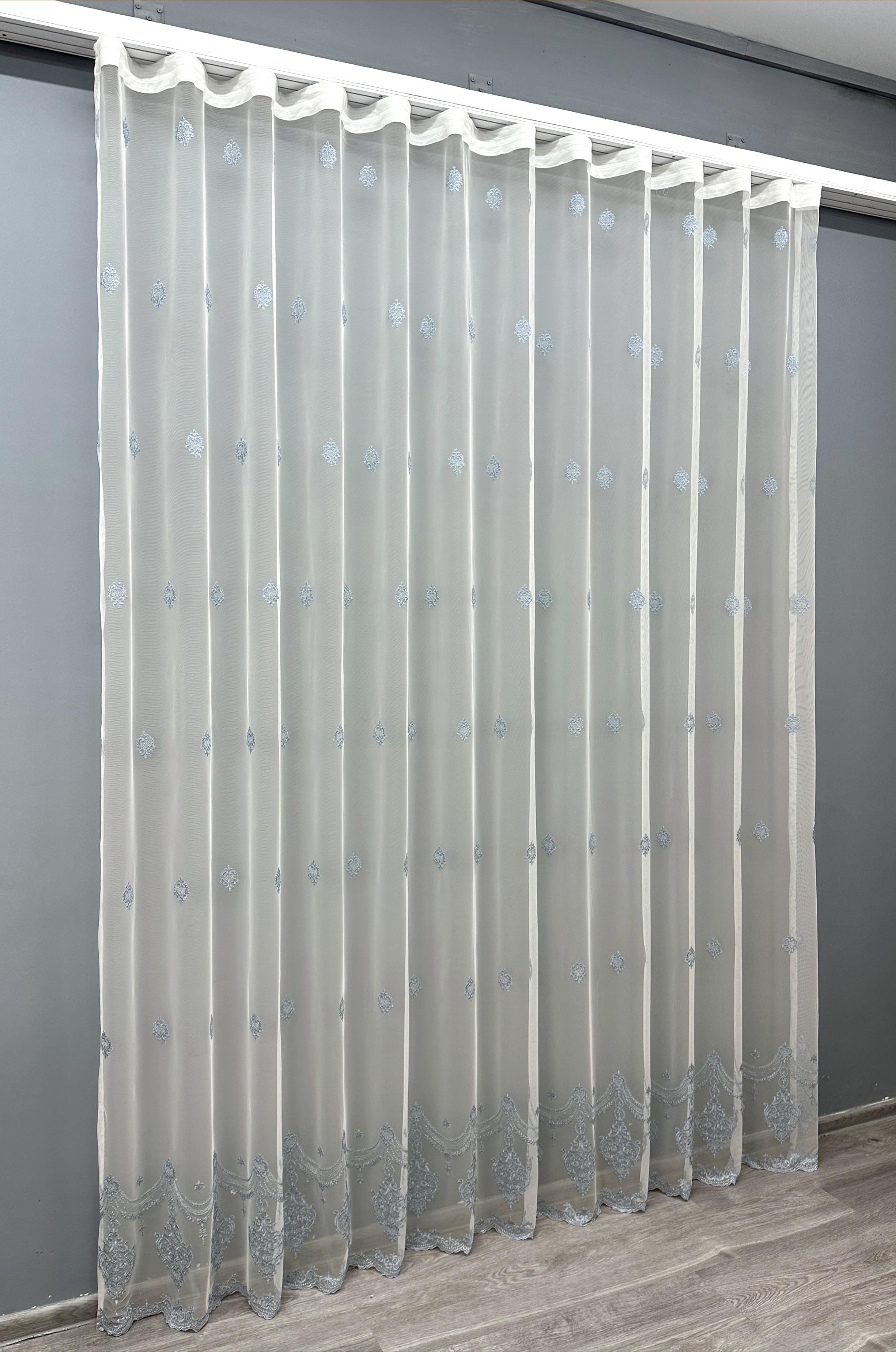 Тюль VR-Textil 1657т Грек-сітка з вишивкою та люрексом 300х270 см Молочний/Сіро-блакитний (42-0661) - фото 2