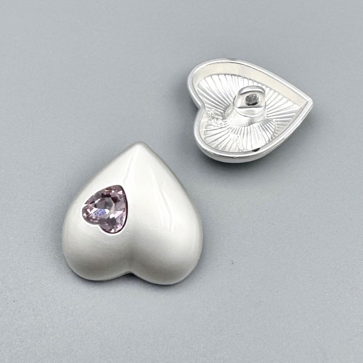 Пуговица Heart Diamond LuxFabric на ножке металл 16х16 мм 1 шт. Серебристый/Розовый (ПВ0016с09)