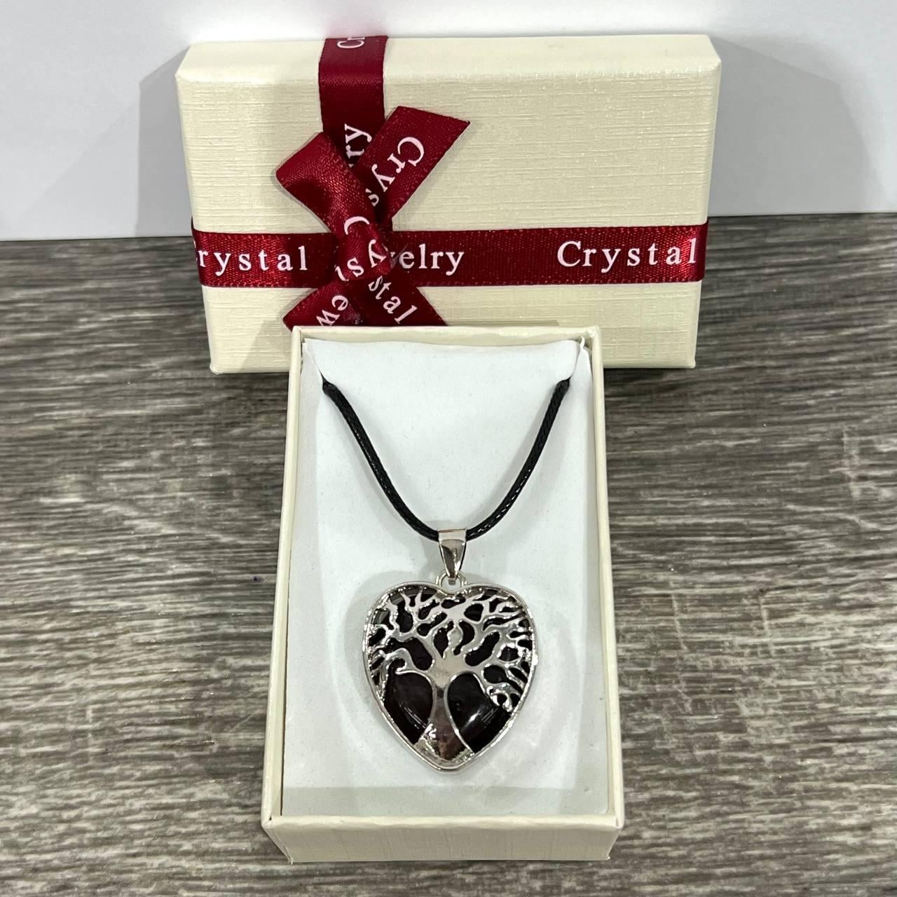 Кулон з натуральним каменем Древо життя аметист в оправі в серці 25 мм в коробочці Чорний (2172962706)