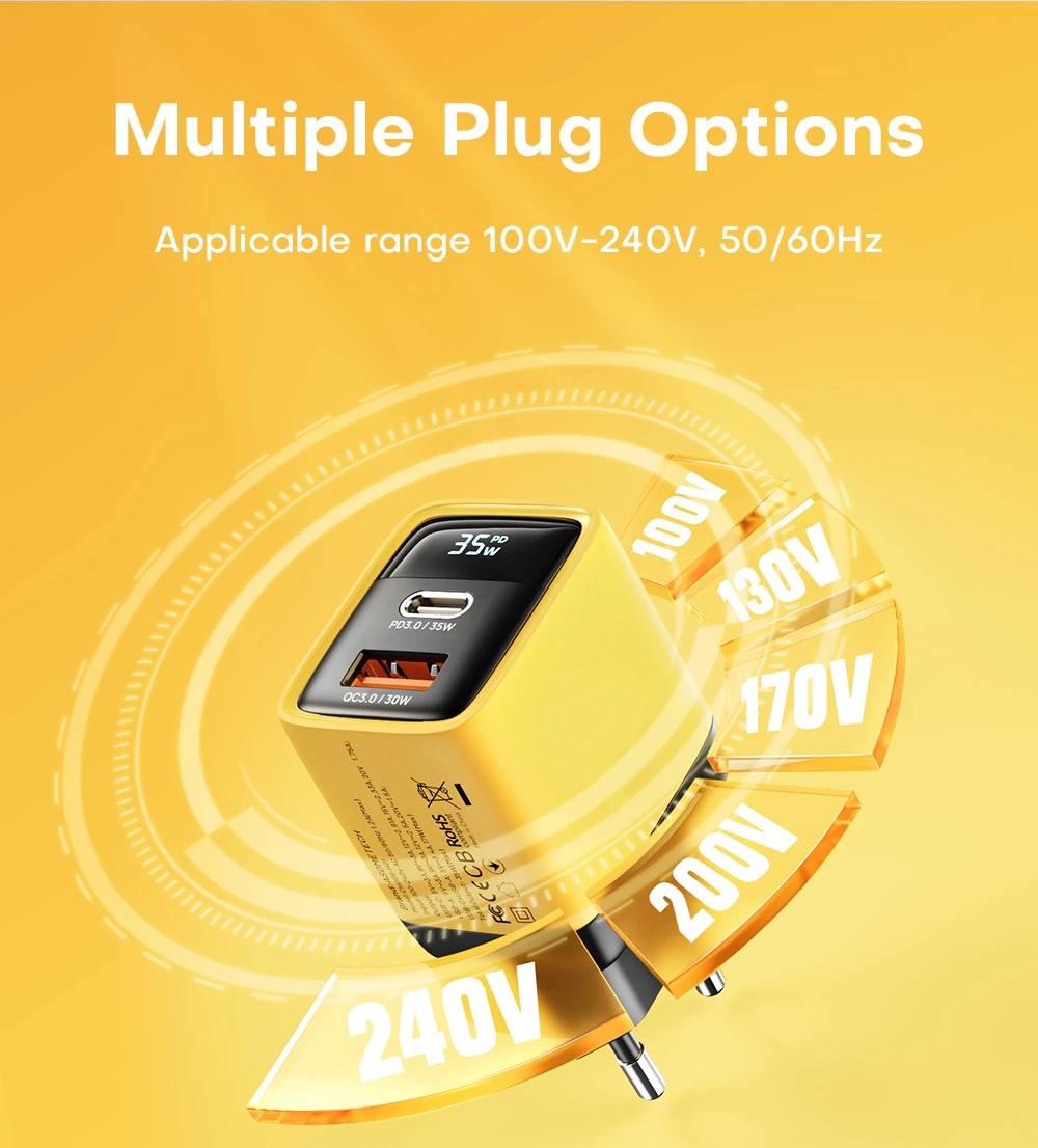 Зарядное устройство Veron TC-35 GaN 35W PD+QC Type-C USB-A с дисплеем Желтый (777650) - фото 7