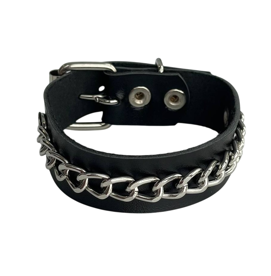 Браслет на руку Chain кожаный с цепочкой на пряжке натуральная кожа 20 мм Черный