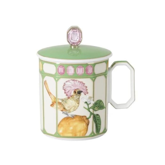 Кружка для чая Rosenthal IDYLLIA Swarovski x Королевская мухоловка с крышкой фарфора в зеленой рамке 390 мл (2668558)