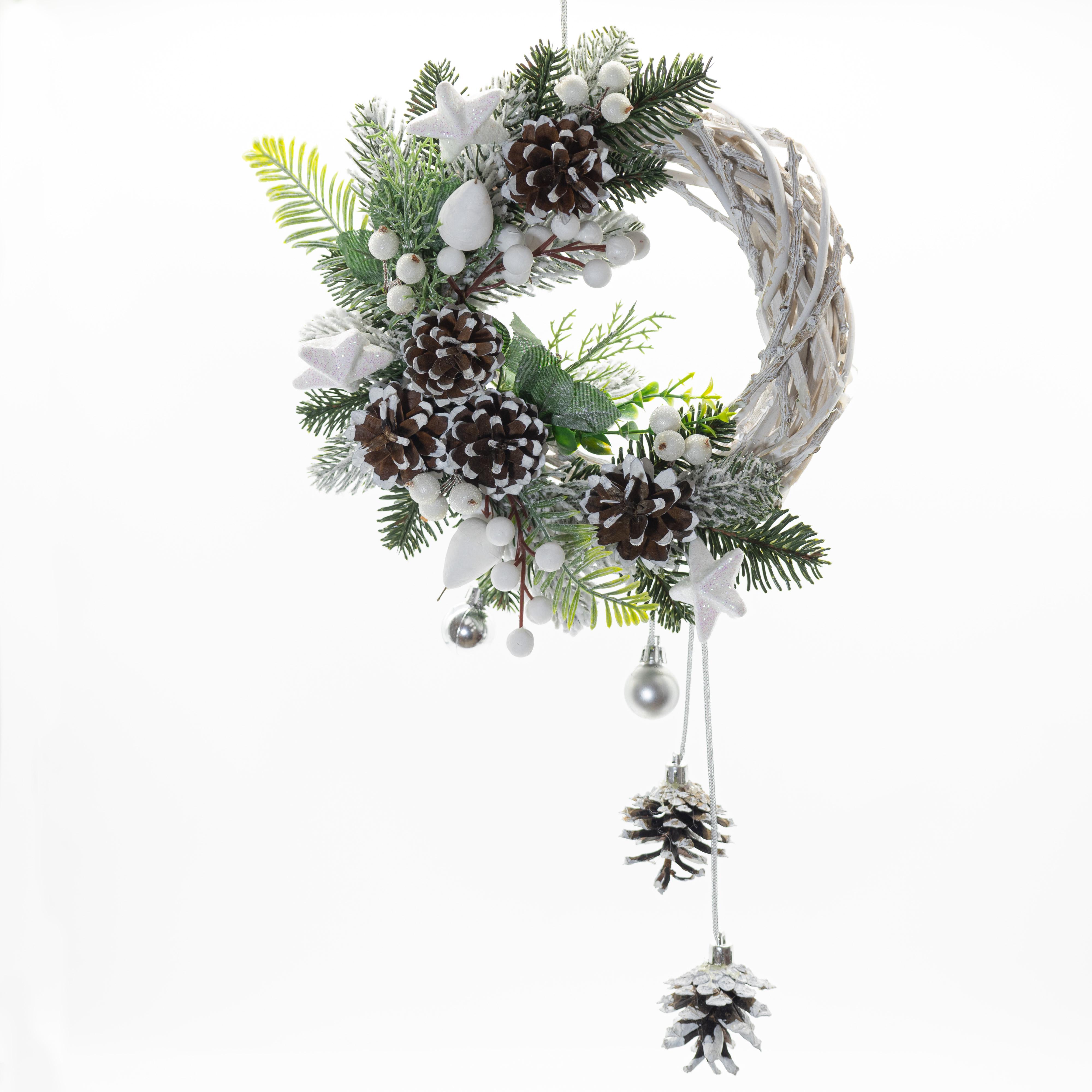 Рождественский венок ДАЙС из лозы с шишками ягодами и игрушками 20 см Белый (ВL2001)