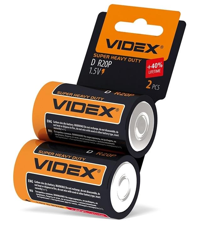 Батарейки Videx D/R20 1,5V 2 шт. (R2OP/D 2pcs SHRINK )