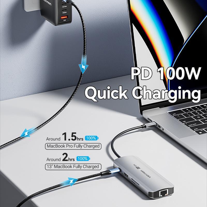 USB-хаб Vention Type-C-3x USB 3.0/5 Гбит/с HDMI 4K 60Hz/Type-C PD 100W/SD/TF карты RJ45 1 Гбит/с USB-C Серый (TQKHB) - фото 6 USB-хаб Vention Type-C-3x USB 3.0/5 Гбит/с HDMI 4K 60Hz/Type-C PD 100W/SD/TF карты RJ45 1 Гбит/с USB-C Серый (TQKHB) - фото 6