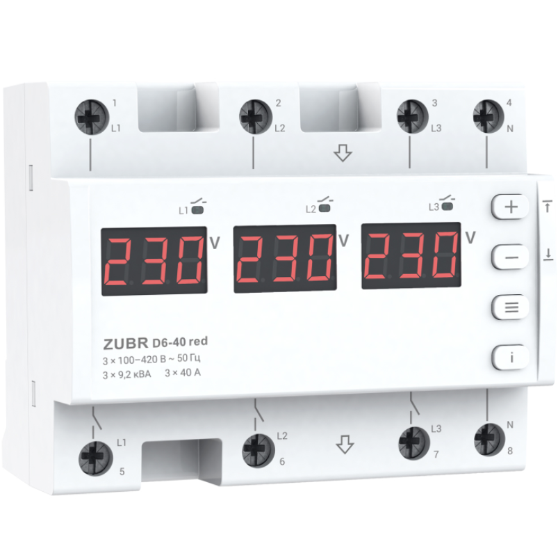 Реле напряжения ZUBR D6-40 red трехфазное с двумя режимами работы 40А 9,2 кВА (4820120222139) Реле напряжения ZUBR D6-40 red трехфазное с двумя режимами работы 40А 9,2 кВА (4820120222139)