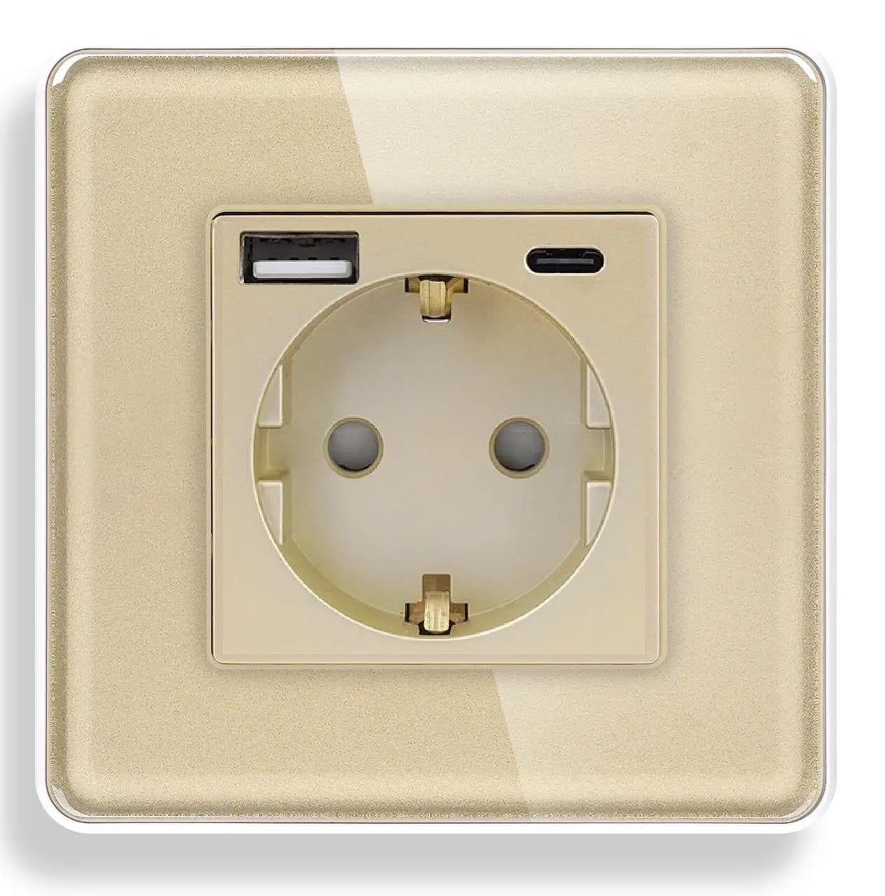 Розетка настенная ELIOS из USB A+C 20Вт с заземлением сенсорная/ 250В 16А стеклянная рамка Золотой (TW-GAC-GD)