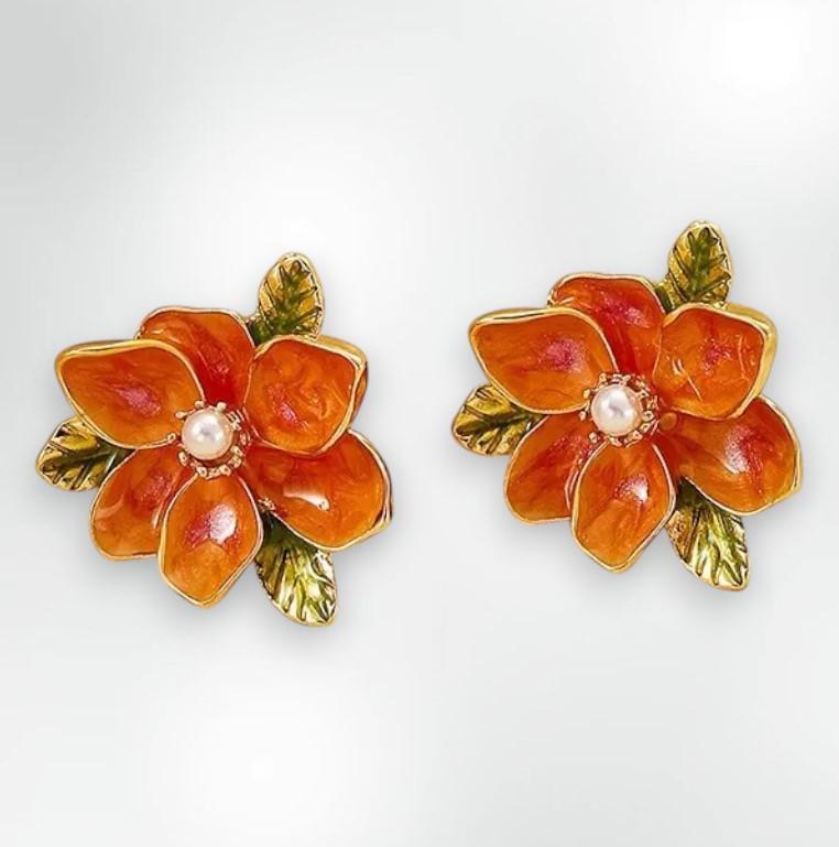 Серьги гвоздики женские Liresmina Jewelry LuxAurum029 Цветы 2,6 см Оранжевый/Золотистый (35473868)