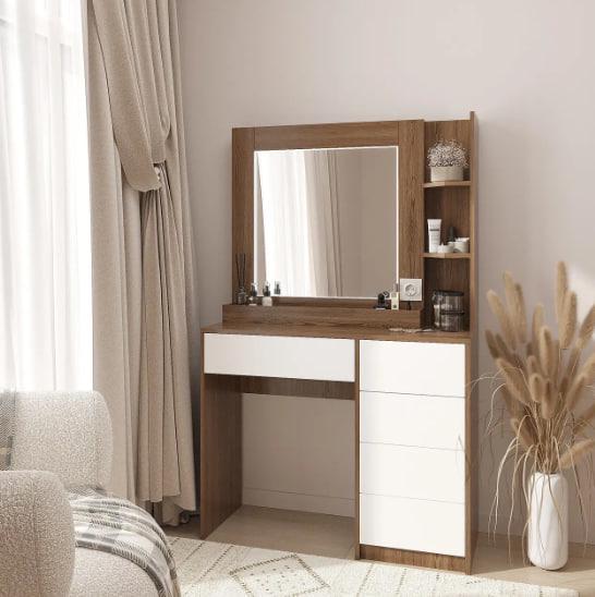 Туалетный столик New and Classic с LED подсветкой 1600x1000x380 мм Дуб Родос темный/Белый - фото 1 Туалетный столик New and Classic с LED подсветкой 1600x1000x380 мм Дуб Родос темный/Белый - фото 1