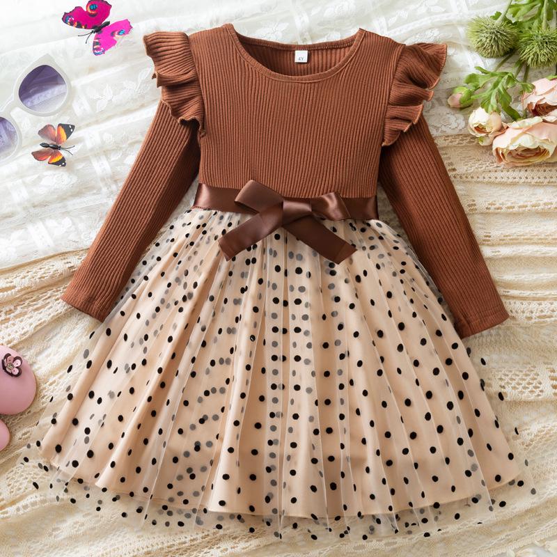 Сукня святкова дитяча KatyKids Емілія з довгим рукавом та пишною спідницею в горох 110 см Мокко з бежевим (11055460600)