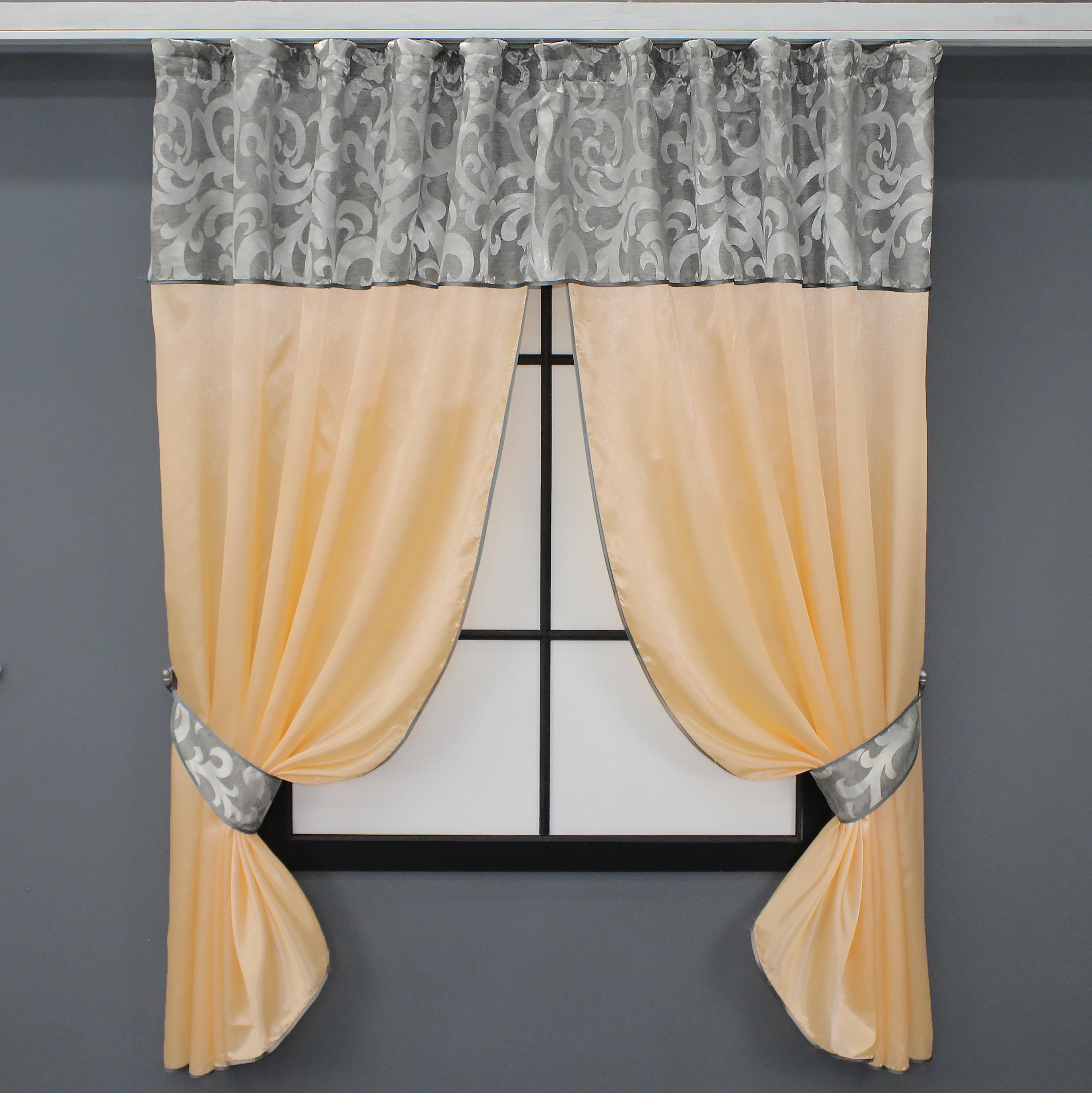 Штори кухонні VR-Textil №073к з ламбрекеном і підхватами 270х170 см Персиковий/Сірий (52-0200)