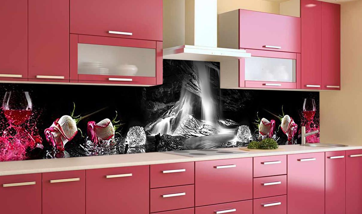 Кухонный фартук Брызги вина бокалы розы из самоклеющейся виниловой пленки 65х300 см Черный