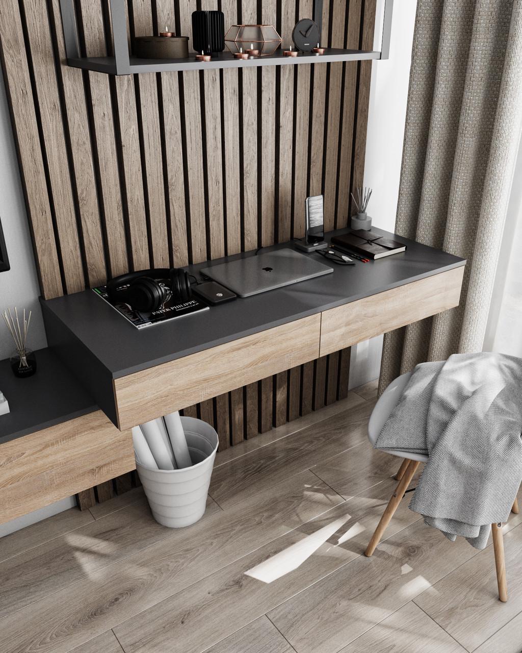 Стіл підвісний з шухлядами Sanro 1200х160х500 мм Антрацитовий/Дуб сонома (T222)