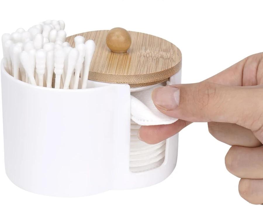 Органайзер для ватных дисков и ватных палочек пластиковый с деревянной крышкой 10х7х6,5 см Белый (D-0127) - фото 4