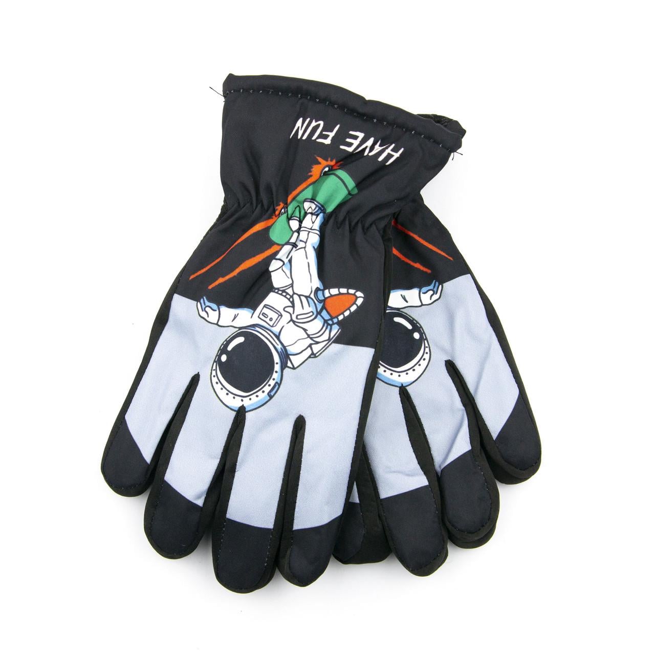 Перчатки подростковые болоневые лыжные с мехом на резинке с принтом от 10 лет Черно-голубой (23-6-7)