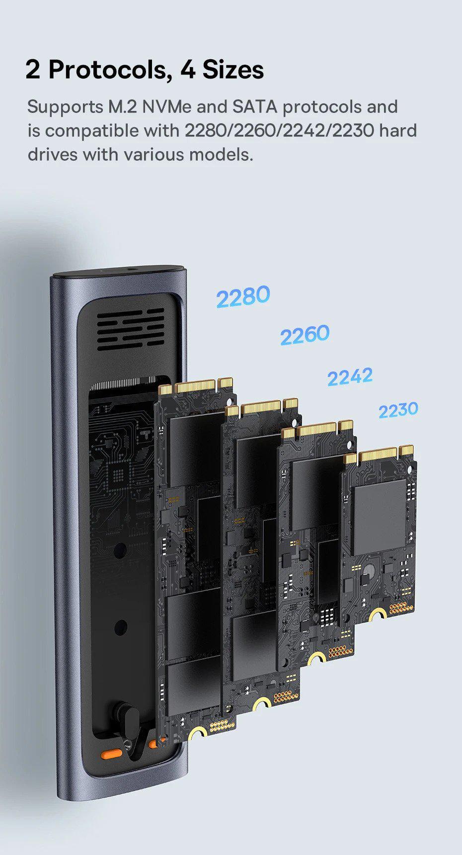 Корпус BASEUS для M.2 NVME та SATA SSD дисків FlyJoy 10 Гбіт/с USB 3.2 Gen2 2280/2260/2242/2230 для PCI-e та NGFF Сірий (B00760600811-00) - фото 15 Корпус BASEUS для M.2 NVME та SATA SSD дисків FlyJoy 10 Гбіт/с USB 3.2 Gen2 2280/2260/2242/2230 для PCI-e та NGFF Сірий (B00760600811-00) - фото 15