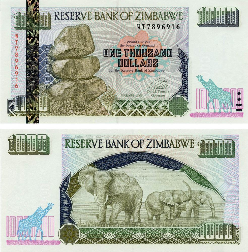 Коллекционная банкнота Зимбабве 1000 долларов 2003 UNC P12 (Б05216)