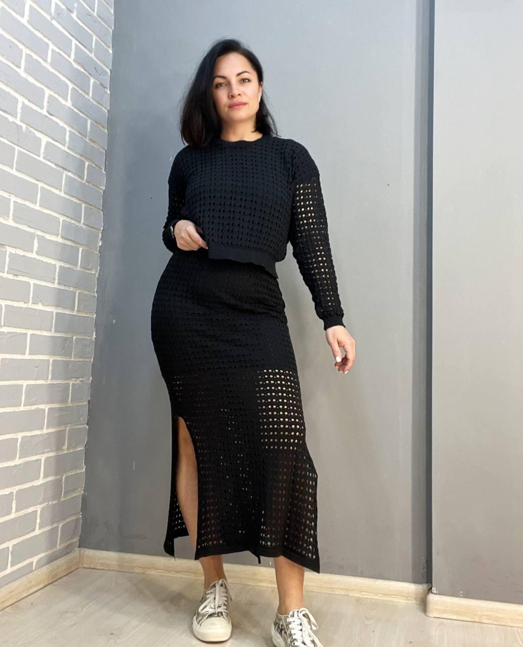 Костюм женский MINTAS 4204-2414 ажурная вязка реглан с юбкой OS Черный (1884) - фото 1 Костюм женский MINTAS 4204-2414 ажурная вязка реглан с юбкой OS Черный (1884) - фото 1