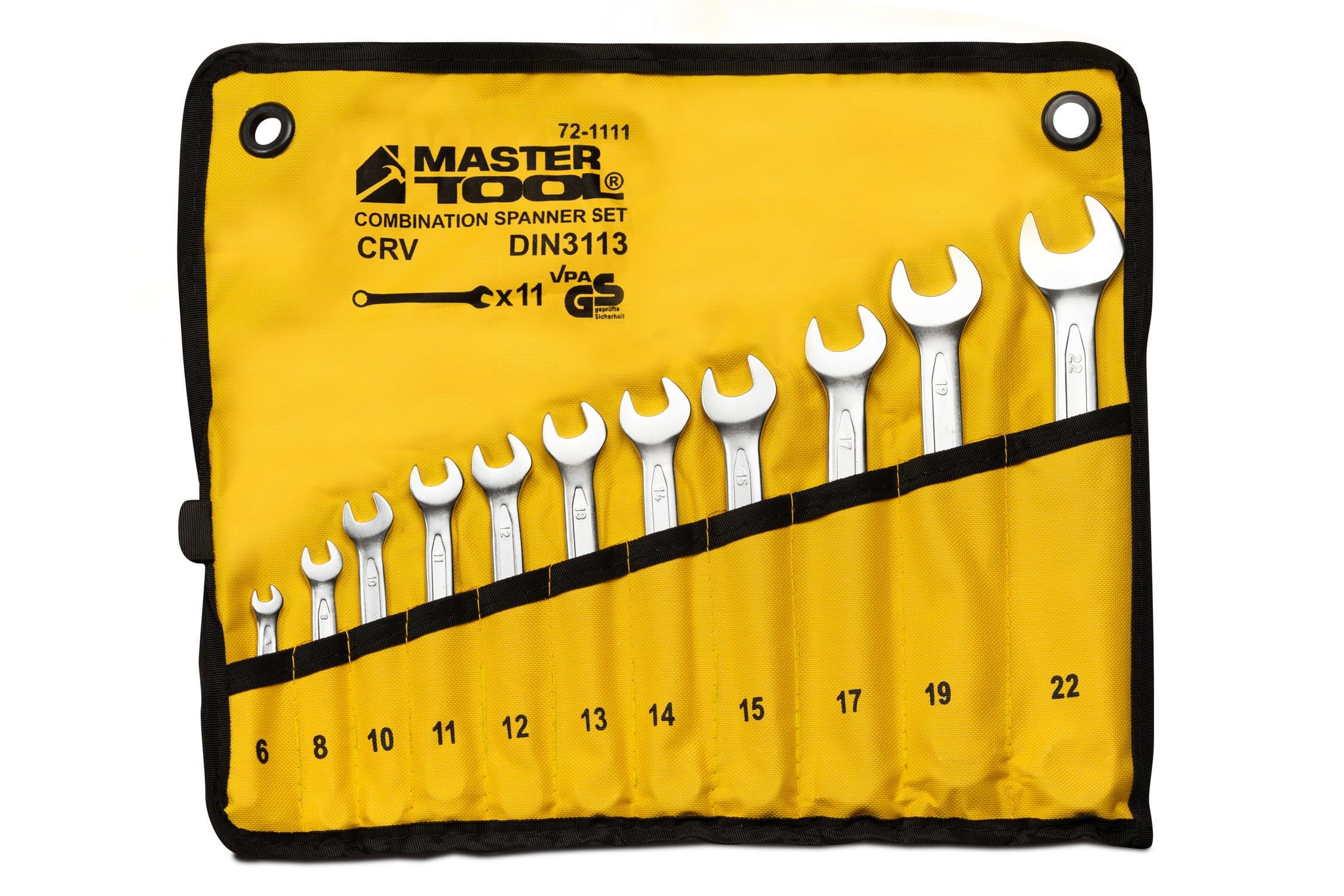 Ключи комбинированные MasterTool COLD FORGED 11 шт. 6/8/10/11/12/13/14/15/17/19/22 мм 31CrV3/DIN 3113 в чехле 72-1111