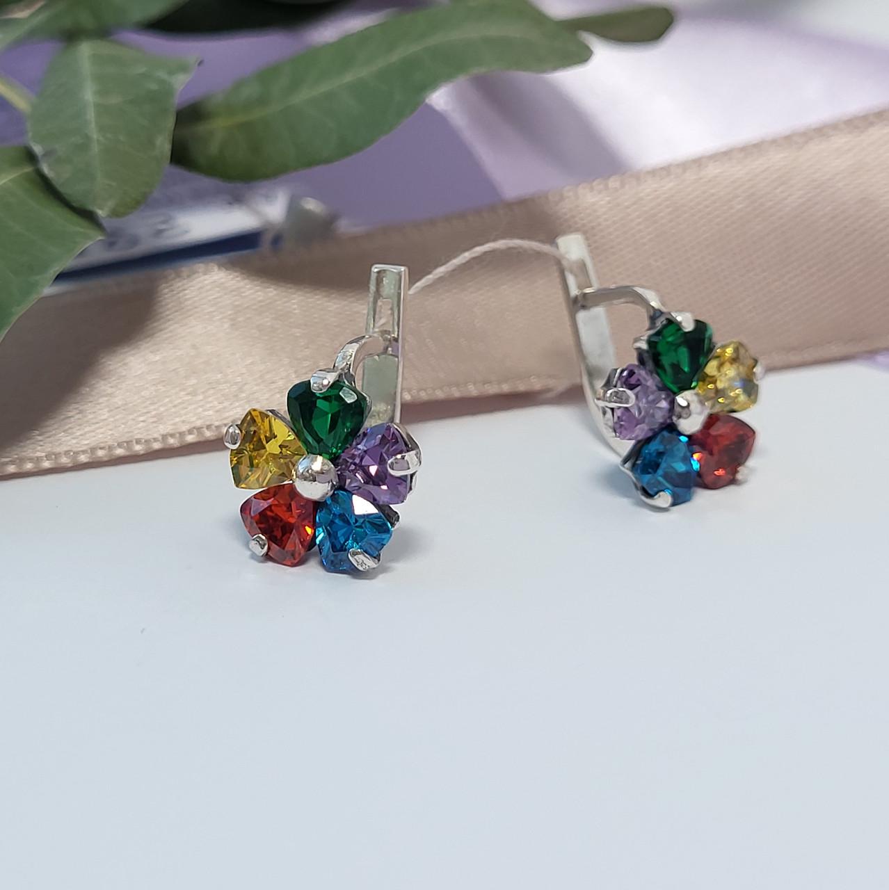 Серьги Цветок с разноцветными камнями из серебра 925 пробы 2,90 г (2270)