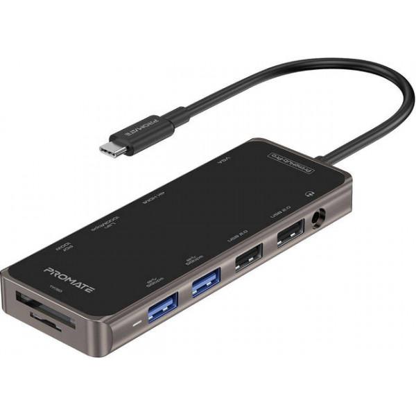 USB-C хаб 11в1 Promate PrimeHub-Pro USB-C PD/HDMI/VGA/2xUSB 3.0/2xUSB 2.0/RJ45/SD/MicroSD/AUX 3,5 мм Grey