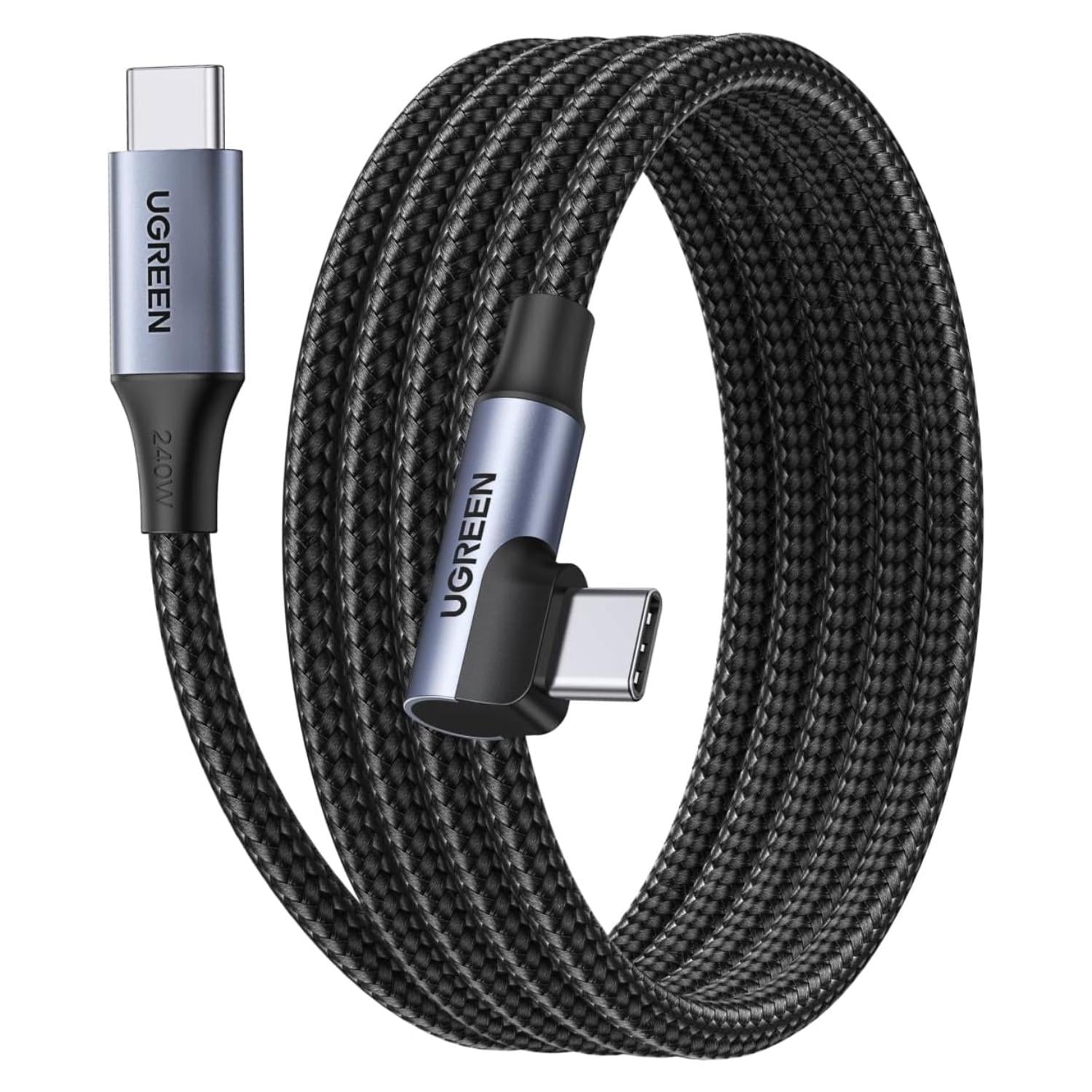 Кабель USB-C на USB-C UGREEN L536 2 м один угловой штекер 90° зарядка PD 3.1 до 240 Вт передача данных до 480 Мбит/с в оплетке Черный (85345)