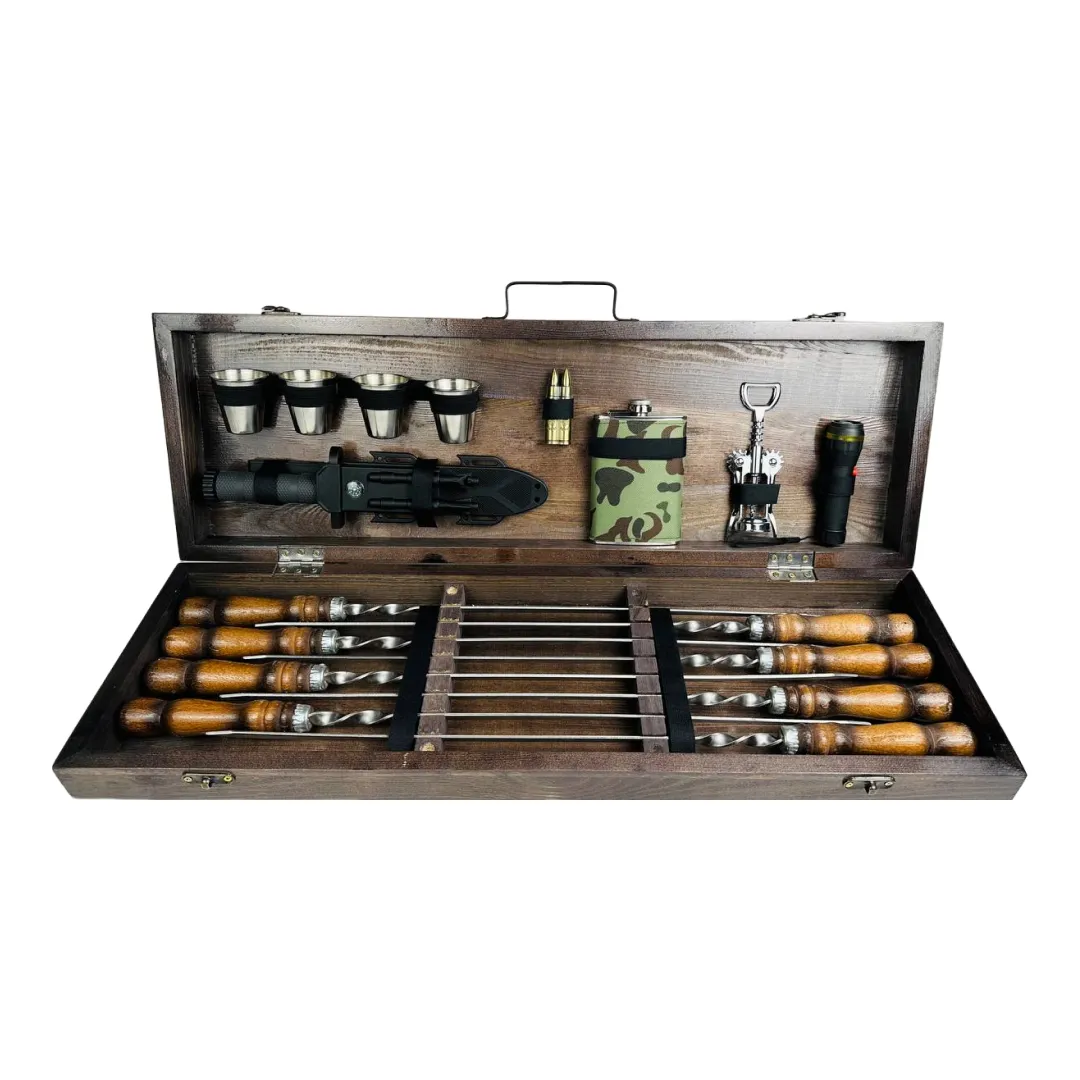 Набор шампуров в кейсе Милитари средний деревянный из нержавеющей стали (2-10-KS-7613)