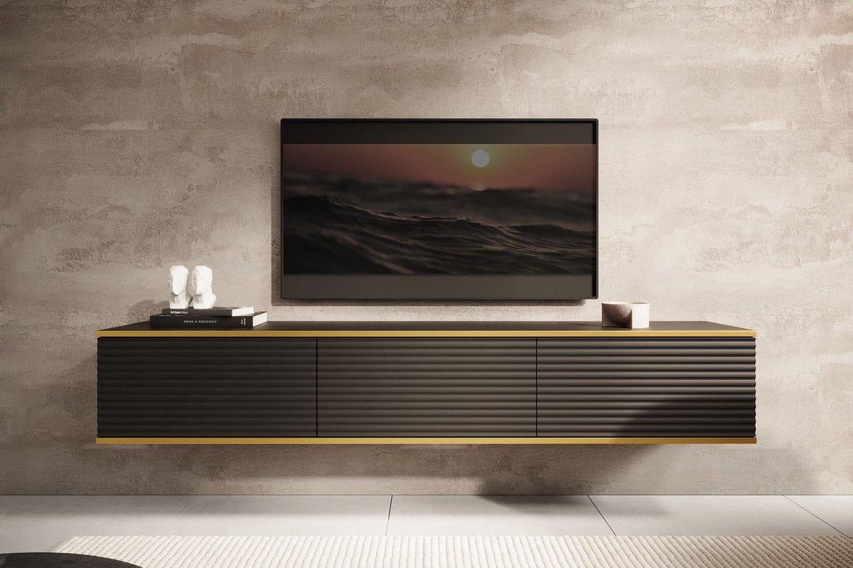 Тумба под телевизор ROYAL 2 навесная с рифлеными фасадами Черный/Золотой (ART2136)