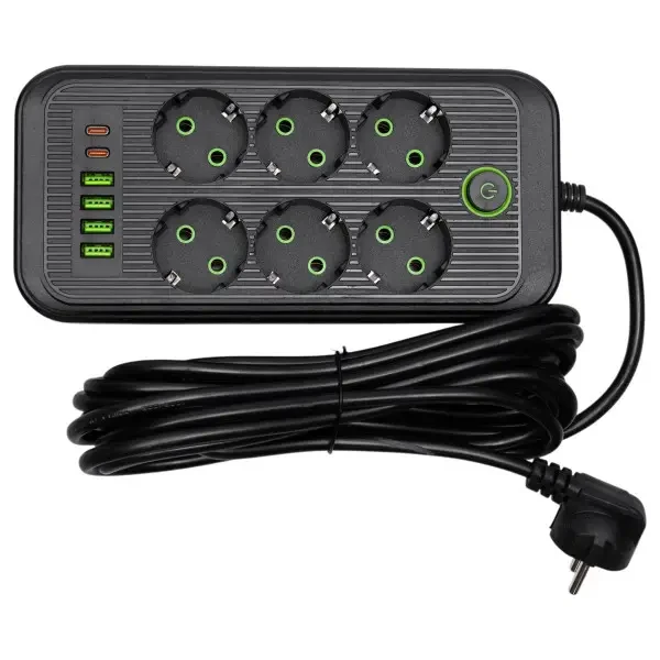 Фильтр-удлинитель сетевой 6 розеток 4 USB-A 2 Type-C кабель 5 м 2500 Вт Черный