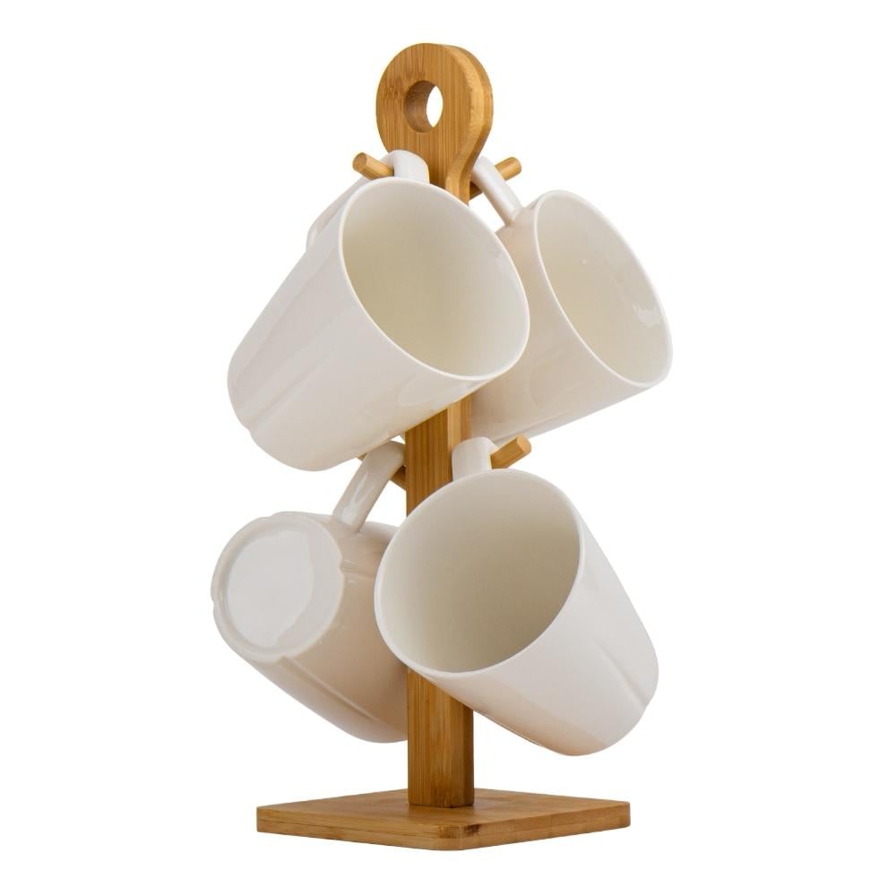 Набор кружек керамических Elisey Чайная церемония с бамбуковой подставкой 270 мл 4 шт. Белый (4004-003)