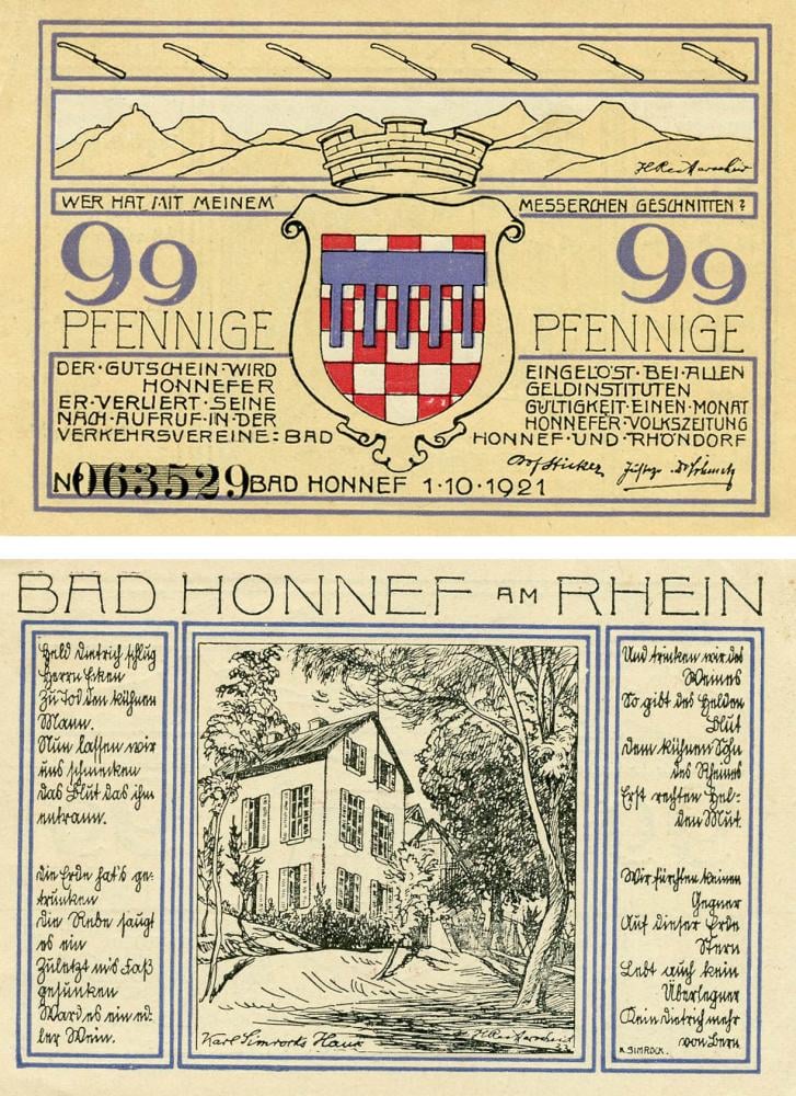 Коллекционная банкнота Германия Нотгельд 99 пфеннигов 1921 F-VF Бад-Хоннеф Разновидность 2 (Б18849) Коллекционная банкнота Германия Нотгельд 99 пфеннигов 1921 F-VF Бад-Хоннеф Разновидность 2 (Б18849)