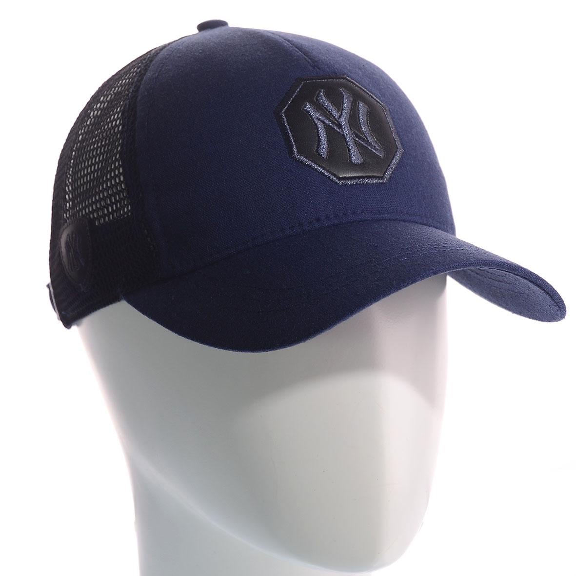 Бейсболка лляна літня NY BLN20604 на сітці з шкіряною нашивкою на регуляторі розміру L/57-58 см Темно-синій (81557)