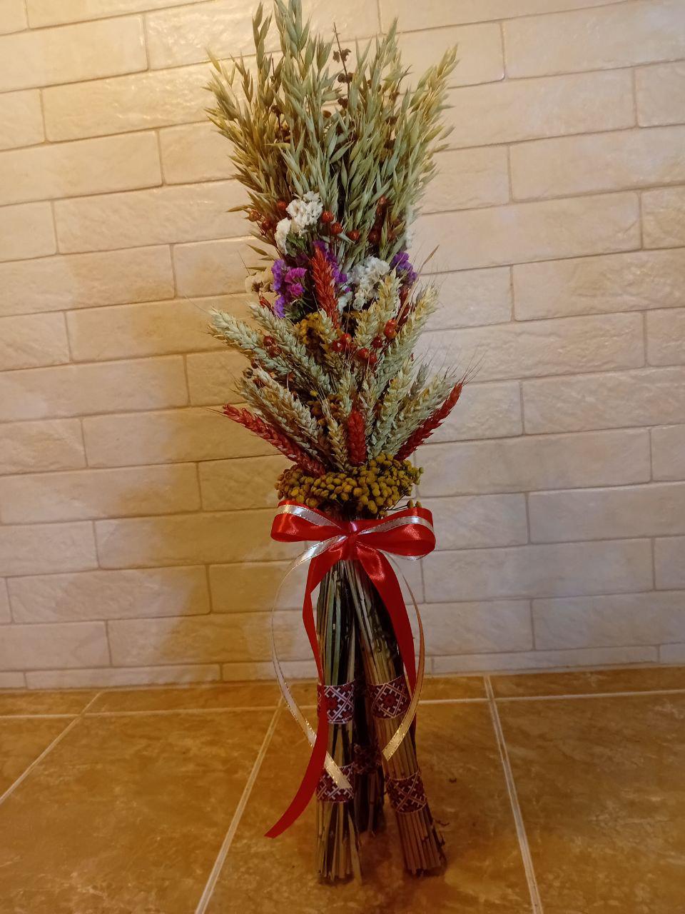 Дидух рождественский из колосков пшеницы/льна и овса с лентой-вышиванку 55-60 см Красно-белый